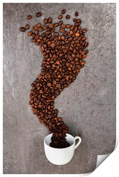 Spilled cup of coffee with beans as smoke shape Print by Laurent Renault