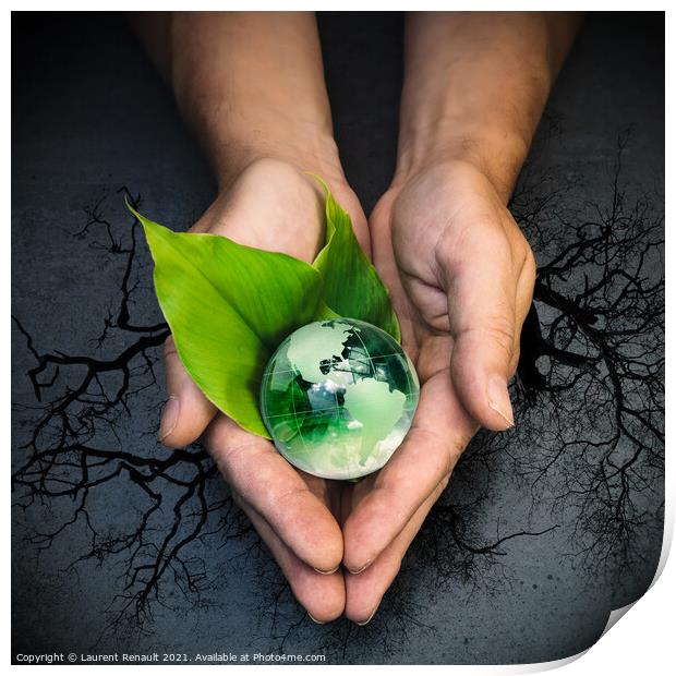 Human hands holding a green globe of planet Earth on green leave Print by Laurent Renault
