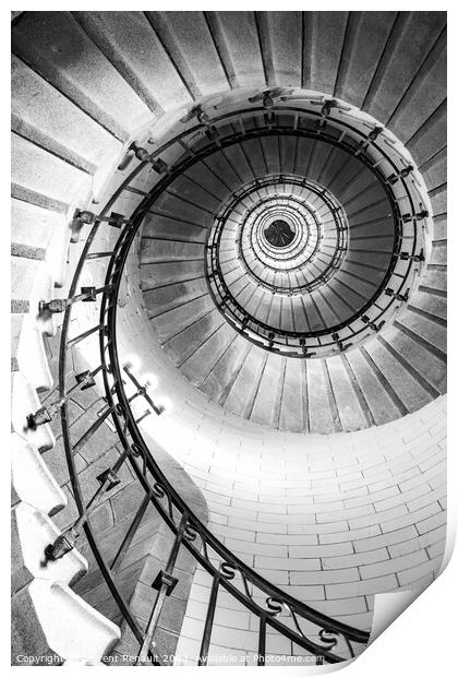 Black and white vertical real photography of Spiral stairs insid Print by Laurent Renault