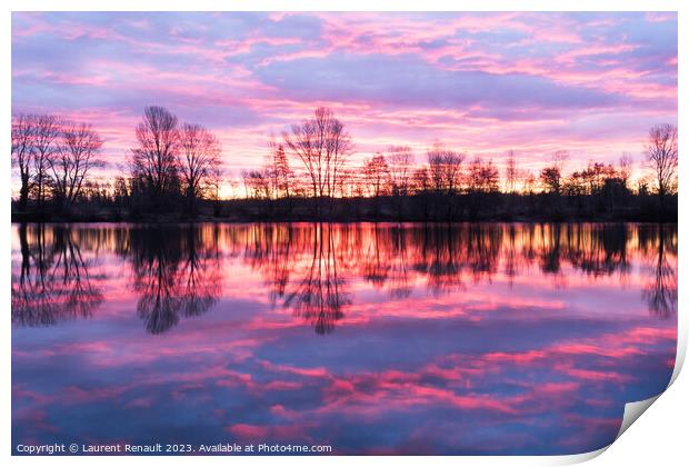 Nightscape at Adour French river in blazing red sunset. Photogra Print by Laurent Renault