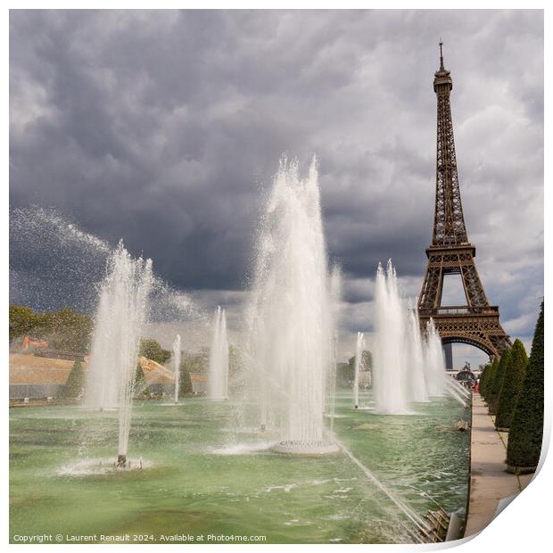 Eiffel Tower viewed through the Trocadero Fountains in Paris, sq Print by Laurent Renault
