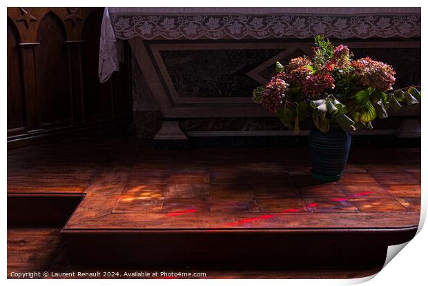 Flowers at the foot of the church altar. Photography taken in Fr Print by Laurent Renault