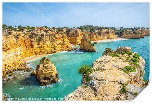 Spectacular cliffs and beach photographed near Praia da Marinha  Print by Laurent Renault
