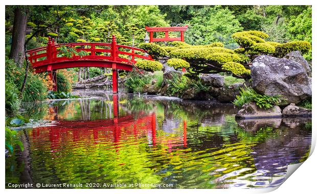 Beautiful japanese garden and red bridge Print by Laurent Renault