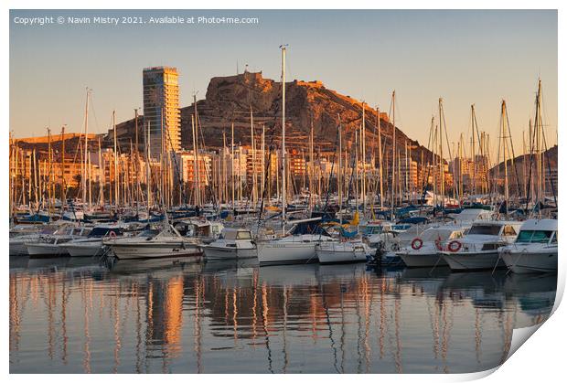 Alicante Marina and the Castle of Santa Barbara Print by Navin Mistry