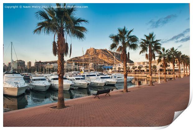 A view of Alicante Marina and the Castle of Santa Barbara Print by Navin Mistry