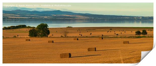 Autumn Haybales and the River Tay, near Newburgh, Fife Print by Navin Mistry