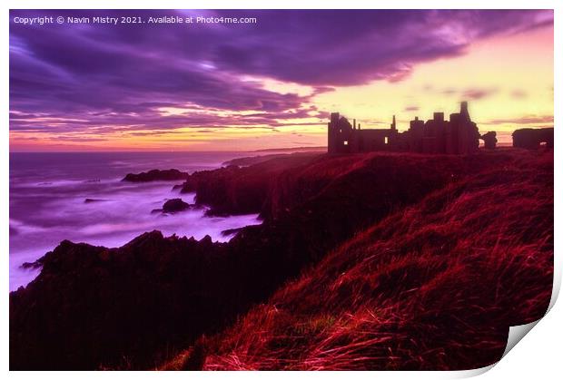 Slains Castle seen at sunset with a stormy sky  Print by Navin Mistry