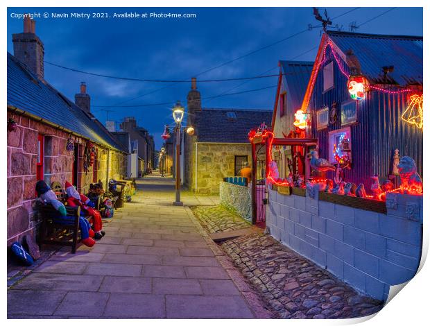 Christmas decorations in Footdee (or Fittie) Print by Navin Mistry