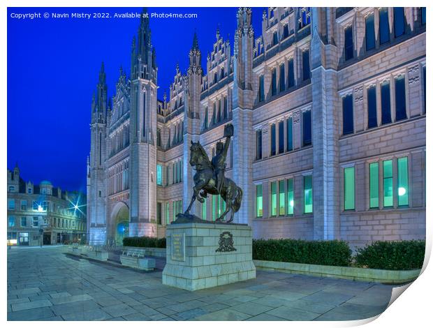 A view of Marischal College, and the statue of Robert the Bruce  Print by Navin Mistry
