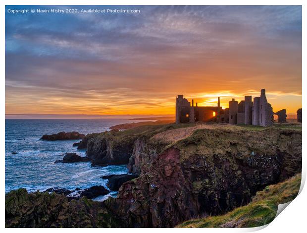 Sunset at Slains Castle, Cruden Bay, Aberdeenshire Print by Navin Mistry