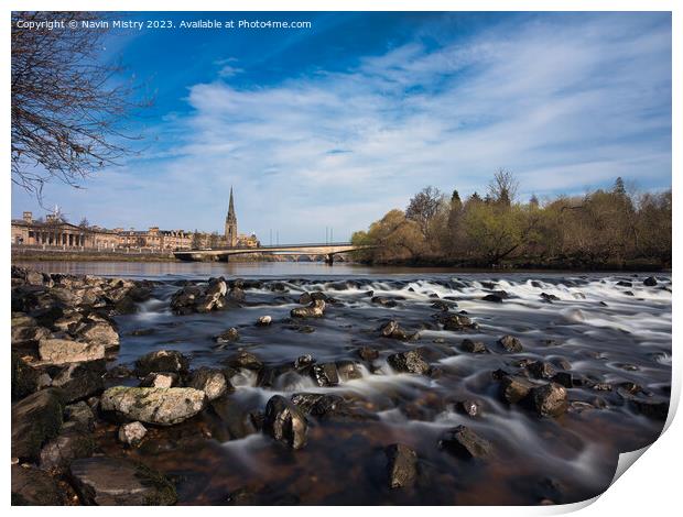 Rapids of the River Tay, seen from Moncreiffe Isla Print by Navin Mistry