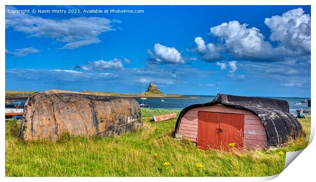 Fishermans Sheds on Lindisfarne Island Print by Navin Mistry