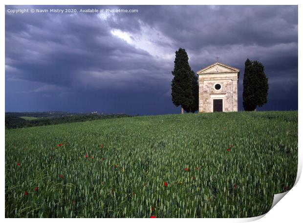 Capella di Vitaleta Tuscan chapel Val D Orcia in a summer thunder storm Print by Navin Mistry