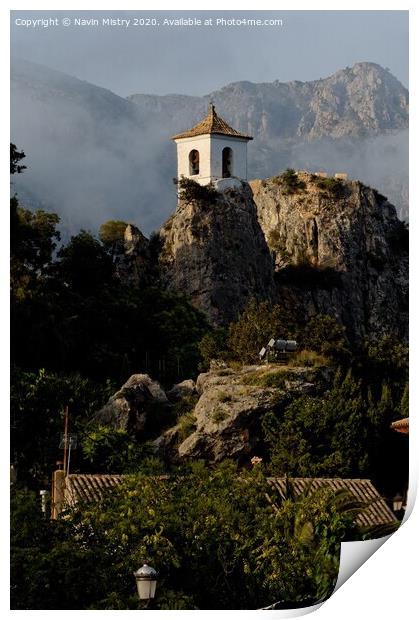The bell tower of the church of El Castell de Guadalest   Print by Navin Mistry