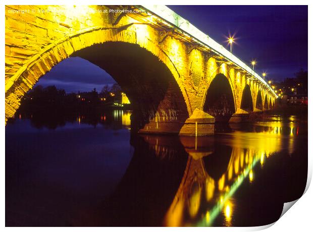 Perth Bridge (or Smeaton's Bridge) lit up at night Print by Navin Mistry