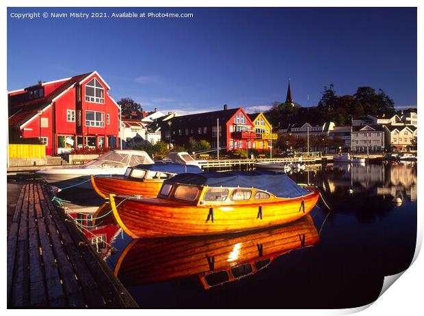 The Harbour, Grimstad, Norway Print by Navin Mistry