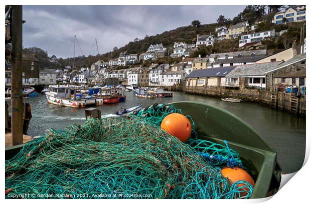 Fishing gear and boats in Polperro Harbour Cornwal Print by Gordon Maclaren