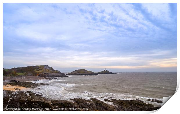 Mumbles Lighthouse, Swansea Bay, at dawn Print by Gordon Maclaren