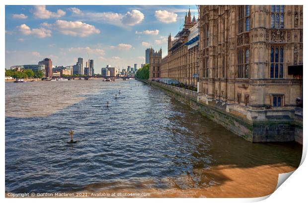 The River Thames London flowing past the Palace of Westminster Print by Gordon Maclaren