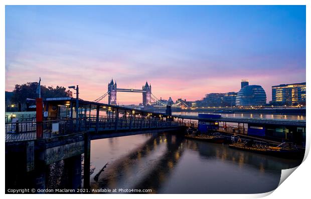 London's Tower Bridge at Sunrise Print by Gordon Maclaren