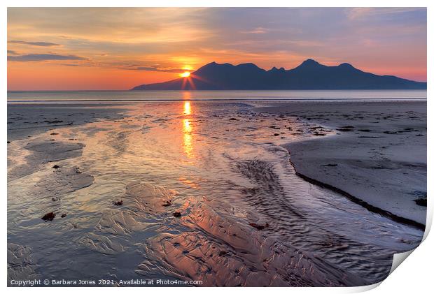 Sunset over Rum, Laig Beach Isle of  Eigg Scotland Print by Barbara Jones