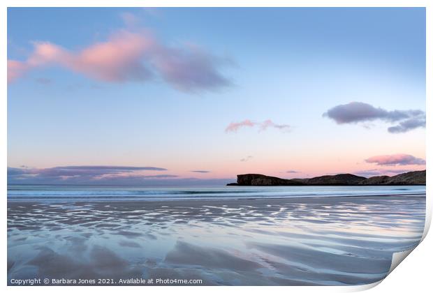 Tranquil Sunrise on Oldshoremore Beach Print by Barbara Jones