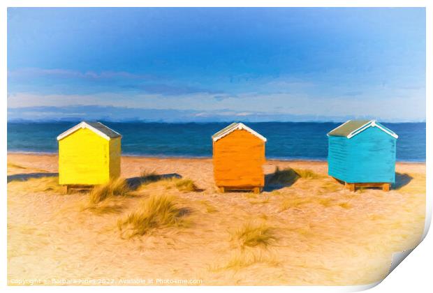 Colourful Beach Huts of Findhorn Print by Barbara Jones