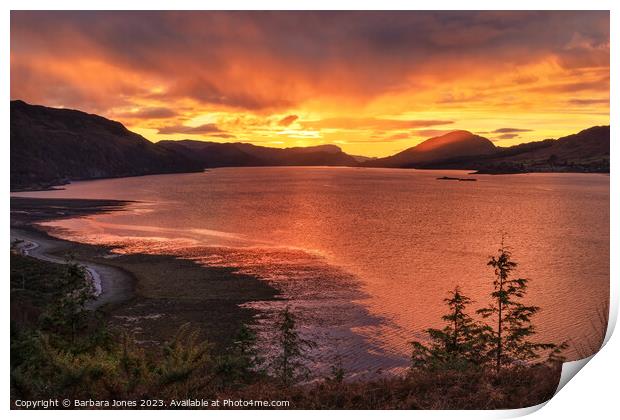 Loch Carron Fiery Sunset Wester Ross Scotland. Print by Barbara Jones