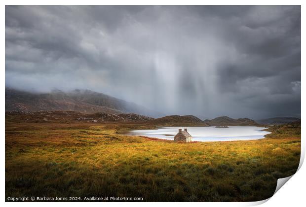 Loch Stack Bothy, Sun and Showers Sutherland Scotl Print by Barbara Jones