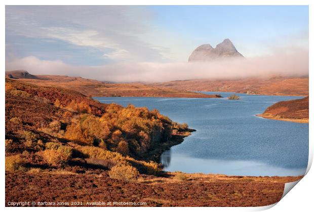 Suilven, Autumn Mists Cam Loch Assynt Scotland Print by Barbara Jones