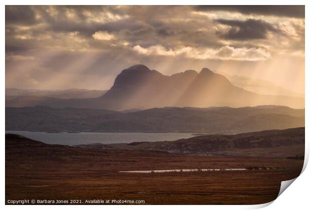 Suilven Sunbeams at Sunrise, Assynt. Print by Barbara Jones