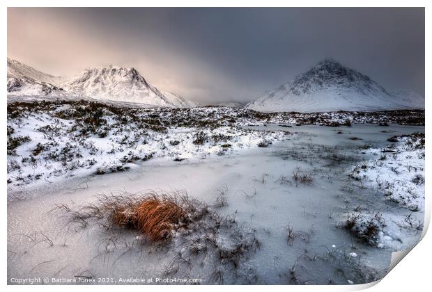Majestic Winter Scenery in Glen Coe Print by Barbara Jones