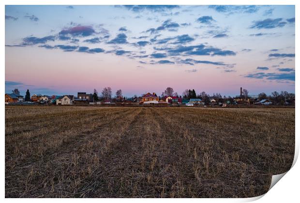 Rural landscape in sunset. Moscow region. Print by Alexey Rezvykh