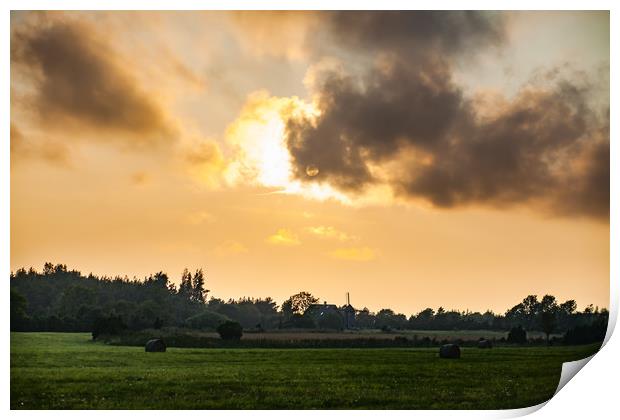 Silhouette of country and windmill on sunset. Print by Alexey Rezvykh