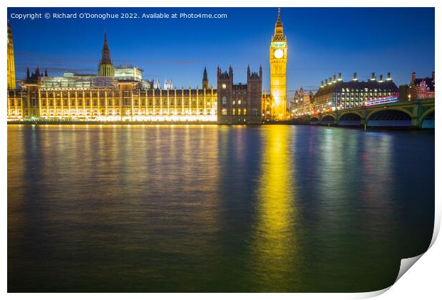 Big Ben and the Houses of Parliament at dusk Print by Richard O'Donoghue