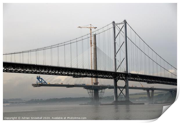 The Forth Road Bridge and the Queensferry Crossing unde construction Print by Adrian Snowball
