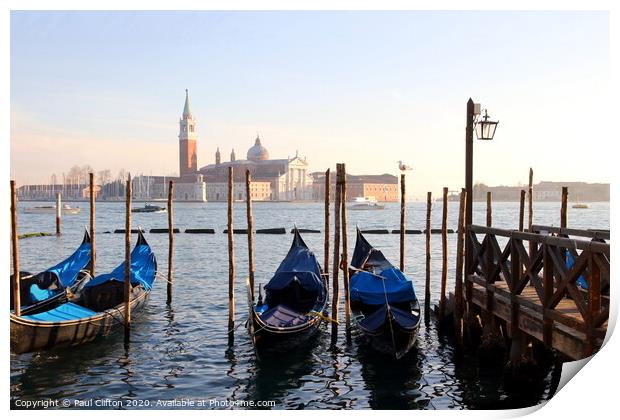 Gondolas and San Maggiore Print by Paul Clifton