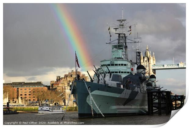 HMS Belfast fires a rainbow. Print by Paul Clifton