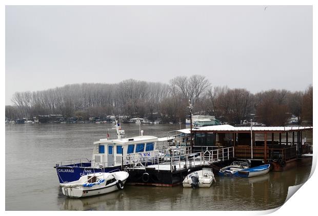 Boats anchored in winter on the Borcea arm  Print by liviu iordache