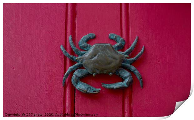 Brass crab knocker, knocker on red wooden door, de Print by Q77 photo