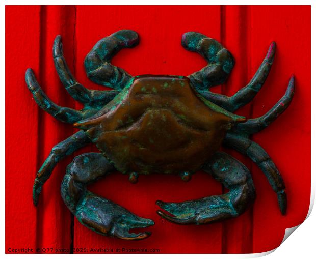Brass crab knocker, knocker on red wooden door, de Print by Q77 photo