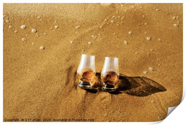 a glass of whiskey single malt on the sand washed  Print by Q77 photo