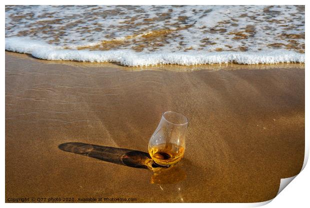 a glass of whiskey single malt on the sand washed by the waves, a glass of tasting, relax on the beach Print by Q77 photo