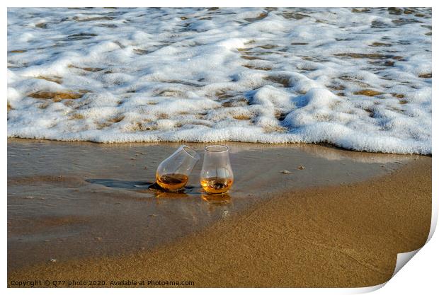 two glasses of whiskey single malt on the sand washed by the waves, a glass of tasting, relax on the beach Print by Q77 photo