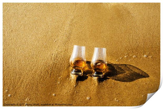 two glasses of whiskey single malt on the sand washed by the waves, a glass of tasting, relax on the beach Print by Q77 photo