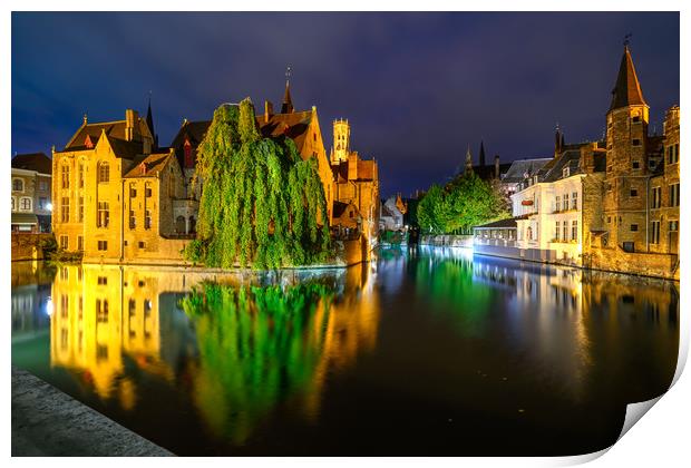 Night view of Historic City Center Brugge Print by Jordan Jelev