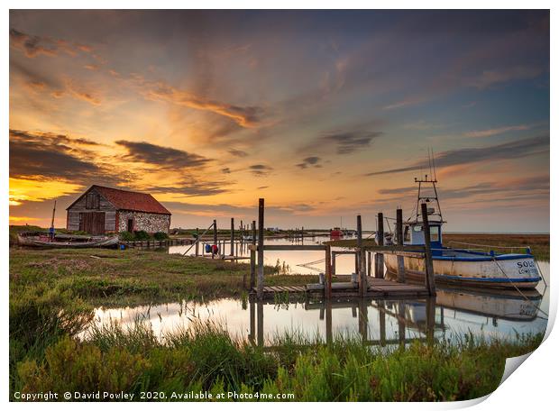 High tide Sunset at Thornham Harbour Print by David Powley