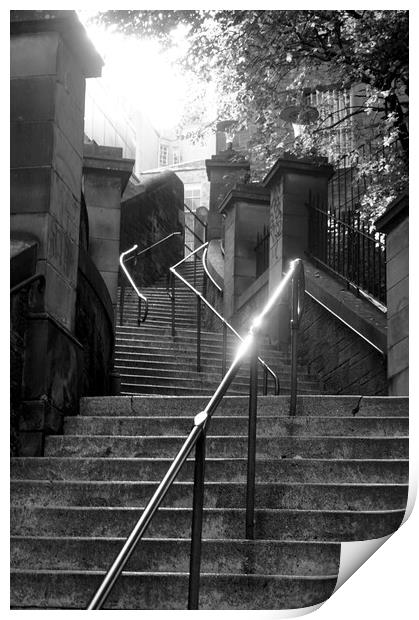 Sun shining on stairway railing Print by Theo Spanellis
