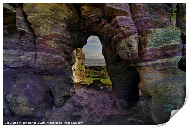 colourful sandstone crail caves, fife, scotland. Print by Scotland's Scenery